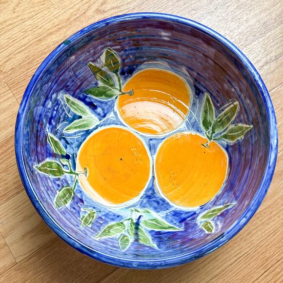 Handmade Fruit Bowl Artist Signed Glazed Pottery Bowl with Oranges - Picture 3 of 4